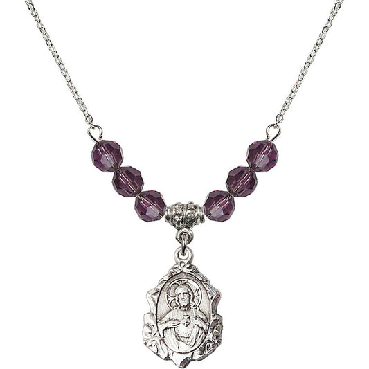 Sterling Silver Scapular Birthstone Necklace with Amethyst Beads - 0822