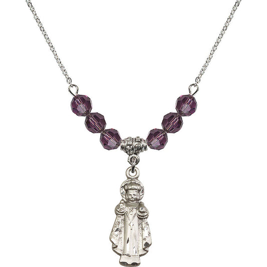 Sterling Silver Infant of Prague Birthstone Necklace with Amethyst Beads - 0824