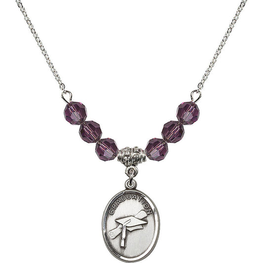 Sterling Silver Graduation Birthstone Necklace with Amethyst Beads - 0872