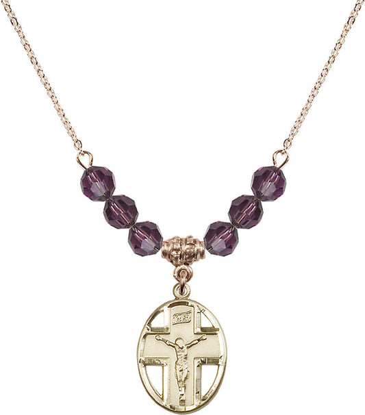 14kt Gold Filled Crucifix Birthstone Necklace with Amethyst Beads - 0878