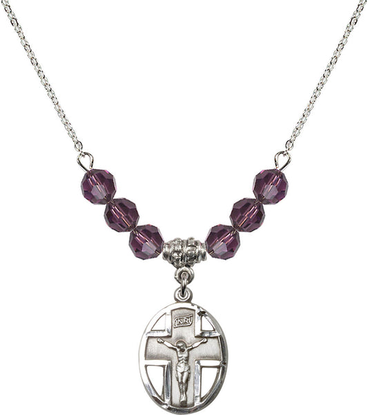 Sterling Silver Crucifix Birthstone Necklace with Amethyst Beads - 0878
