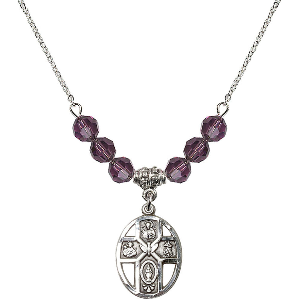 Sterling Silver 5-Way / Holy Spirit Birthstone Necklace with Amethyst Beads - 0880