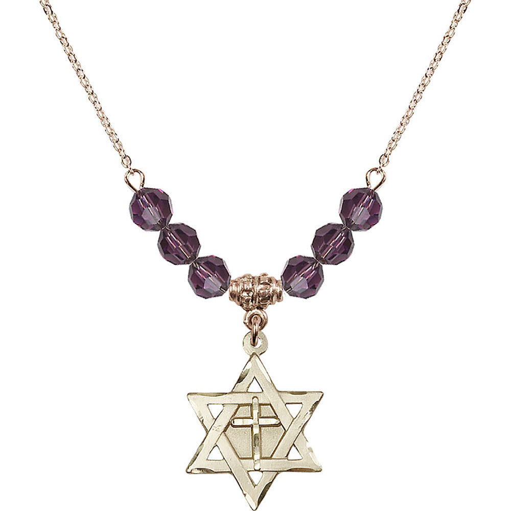 14kt Gold Filled Star of David w/ Cross Birthstone Necklace with Amethyst Beads - 1210