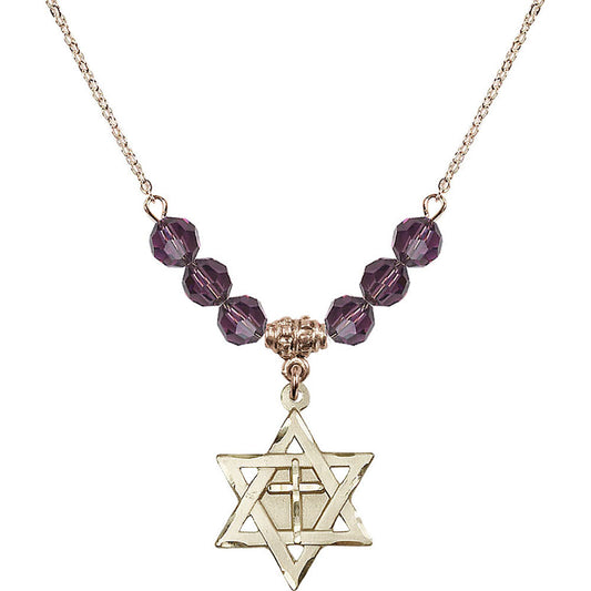 14kt Gold Filled Star of David w/ Cross Birthstone Necklace with Amethyst Beads - 1210