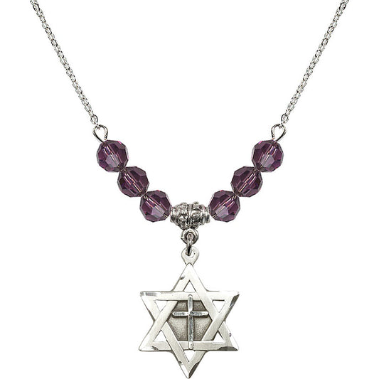 Sterling Silver Star of David w/ Cross Birthstone Necklace with Amethyst Beads - 1210