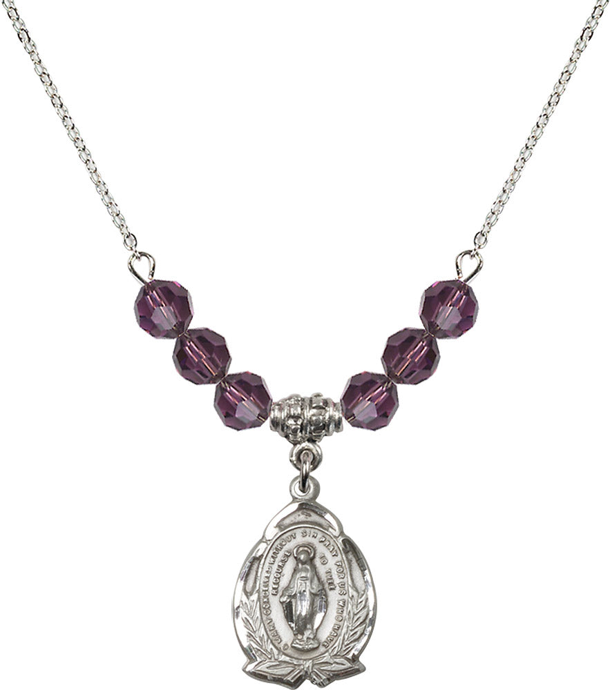 Sterling Silver Miraculous Birthstone Necklace with Amethyst Beads - 1481