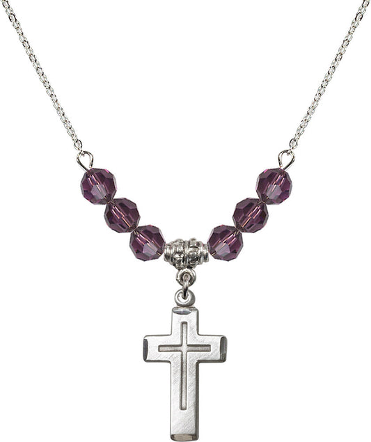 Sterling Silver Cross Birthstone Necklace with Amethyst Beads - 1529