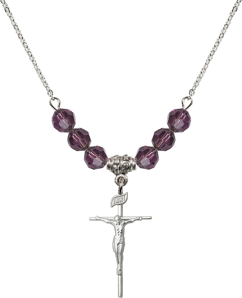 Sterling Silver Crucifix Birthstone Necklace with Amethyst Beads - 1535