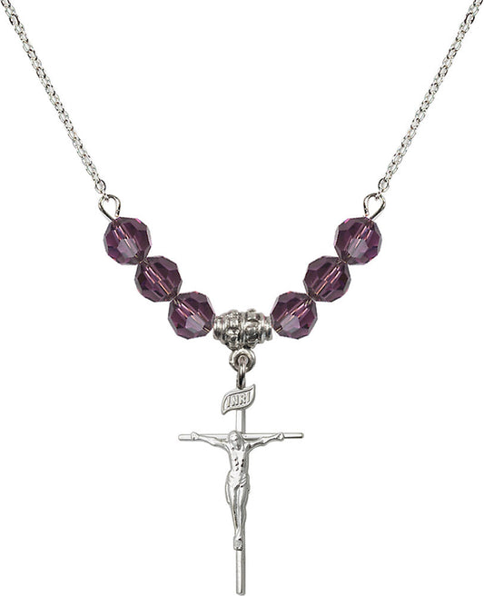 Sterling Silver Crucifix Birthstone Necklace with Amethyst Beads - 1535