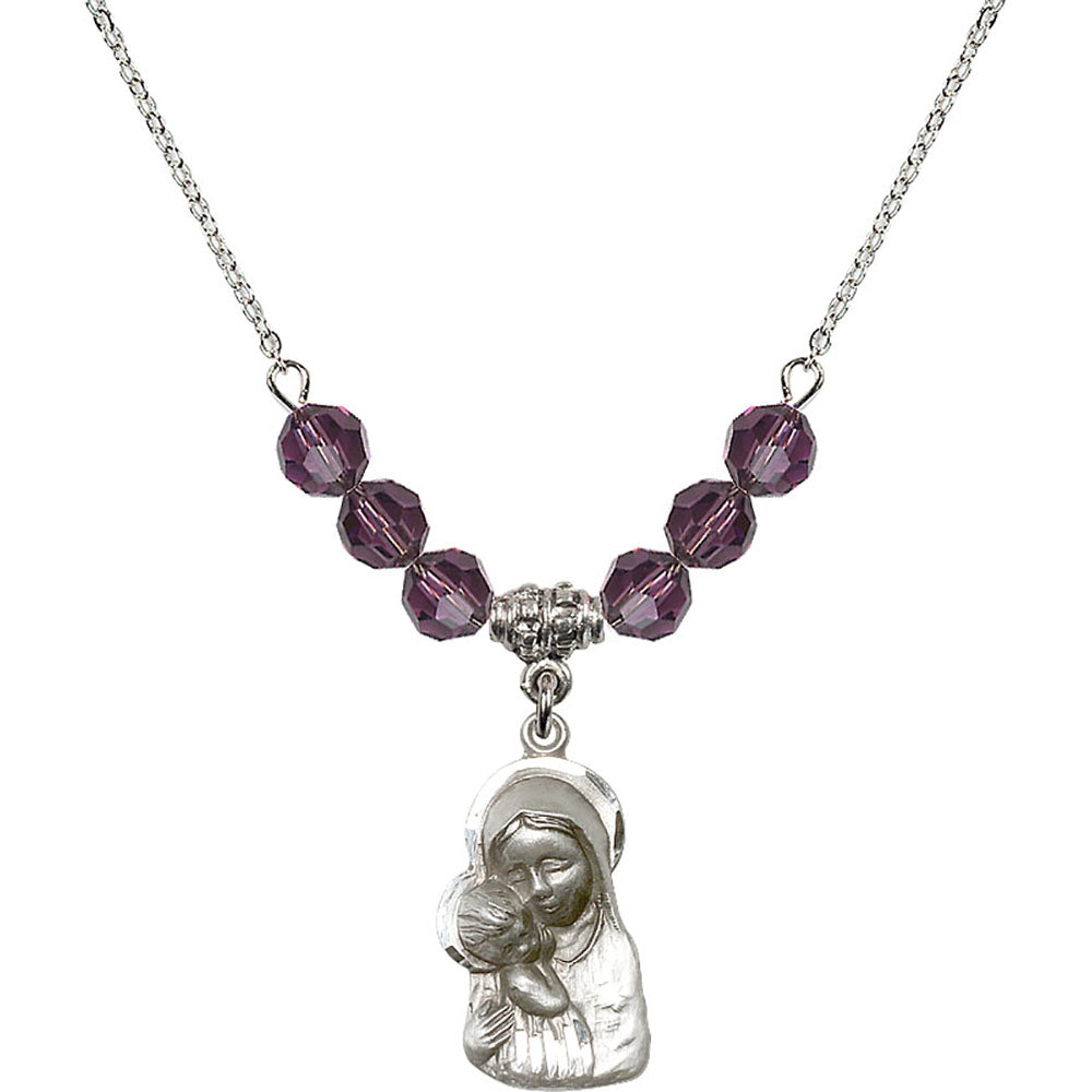 Sterling Silver Madonna & Child Birthstone Necklace with Amethyst Beads - 1612