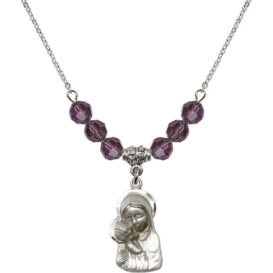 Sterling Silver Madonna & Child Birthstone Necklace with Amethyst Beads - 1612