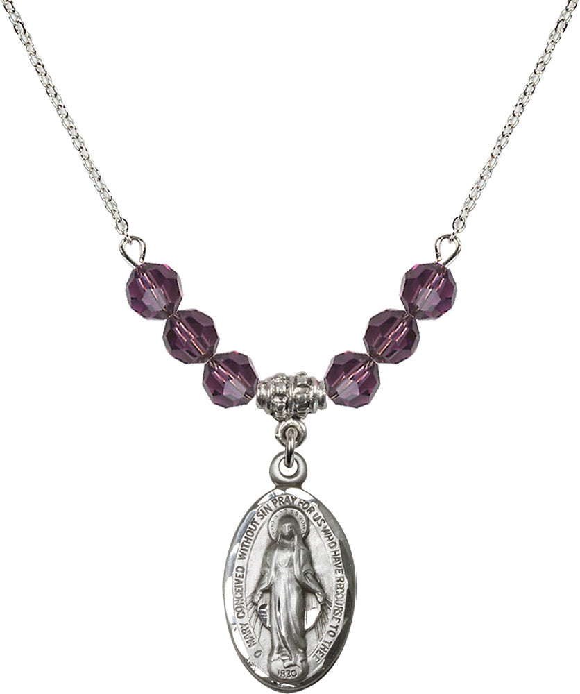 Sterling Silver Miraculous Birthstone Necklace with Amethyst Beads - 1615