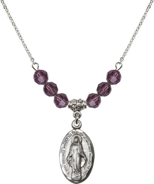 Sterling Silver Miraculous Birthstone Necklace with Amethyst Beads - 1615