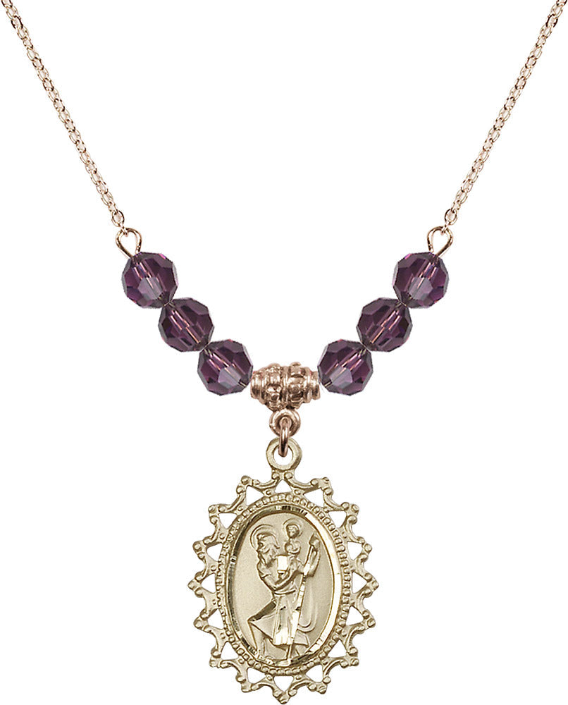 14kt Gold Filled Saint Christopher Birthstone Necklace with Amethyst Beads - 1619