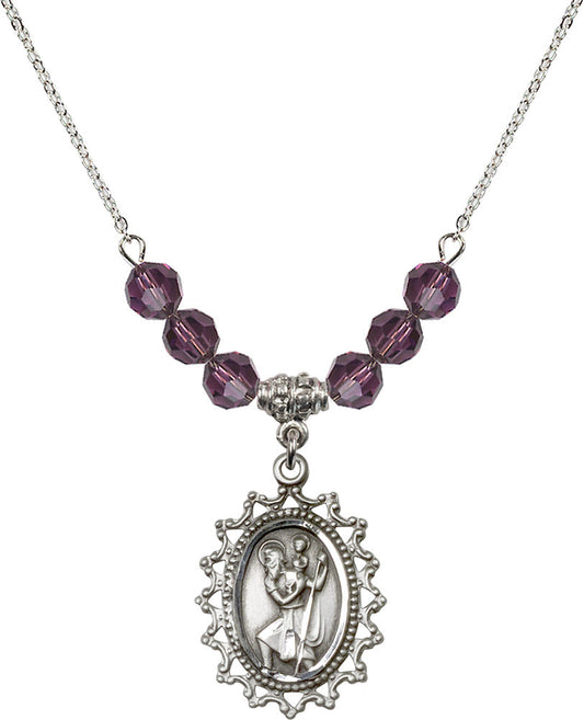 Sterling Silver Saint Christopher Birthstone Necklace with Amethyst Beads - 1619