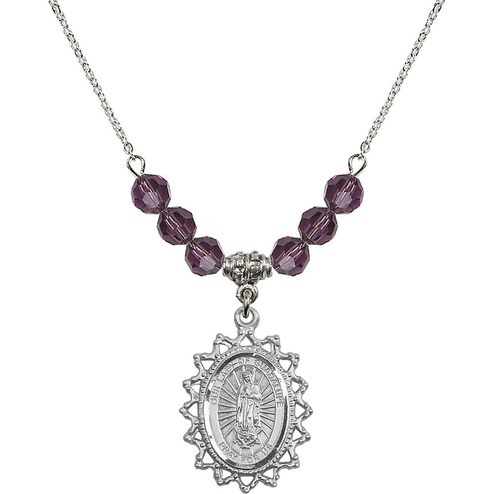 Sterling Silver Our Lady of Guadalupe Birthstone Necklace with Amethyst Beads - 1619