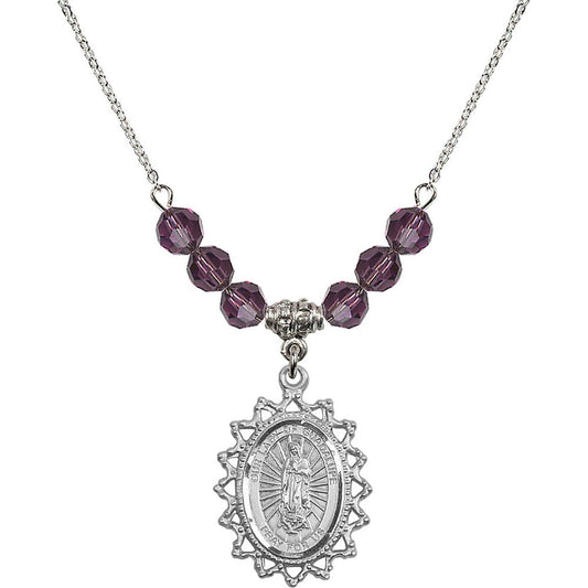 Sterling Silver Our Lady of Guadalupe Birthstone Necklace with Amethyst Beads - 1619