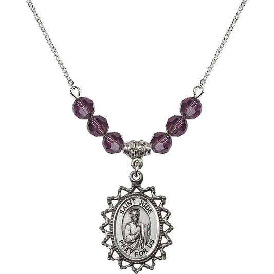 Sterling Silver Saint Jude Birthstone Necklace with Amethyst Beads - 1619
