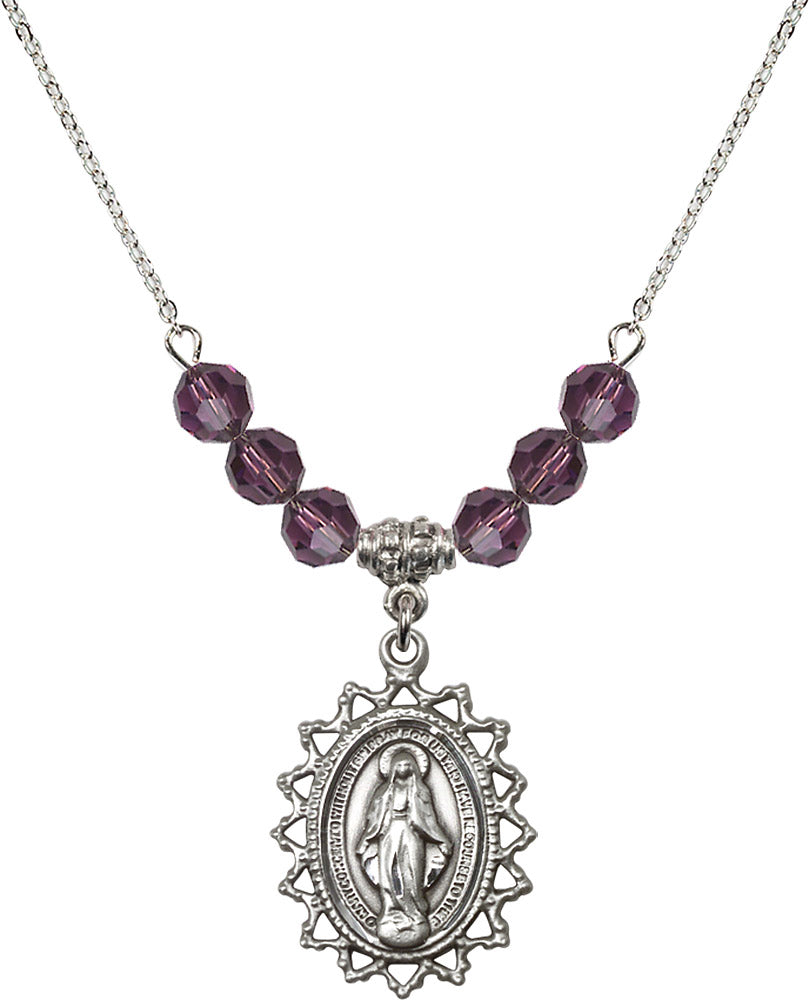 Sterling Silver Miraculous Birthstone Necklace with Amethyst Beads - 1619