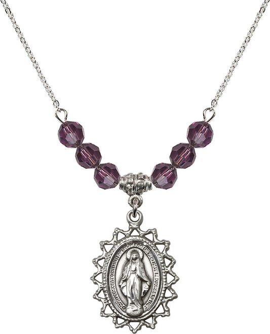 Sterling Silver Miraculous Birthstone Necklace with Amethyst Beads - 1619