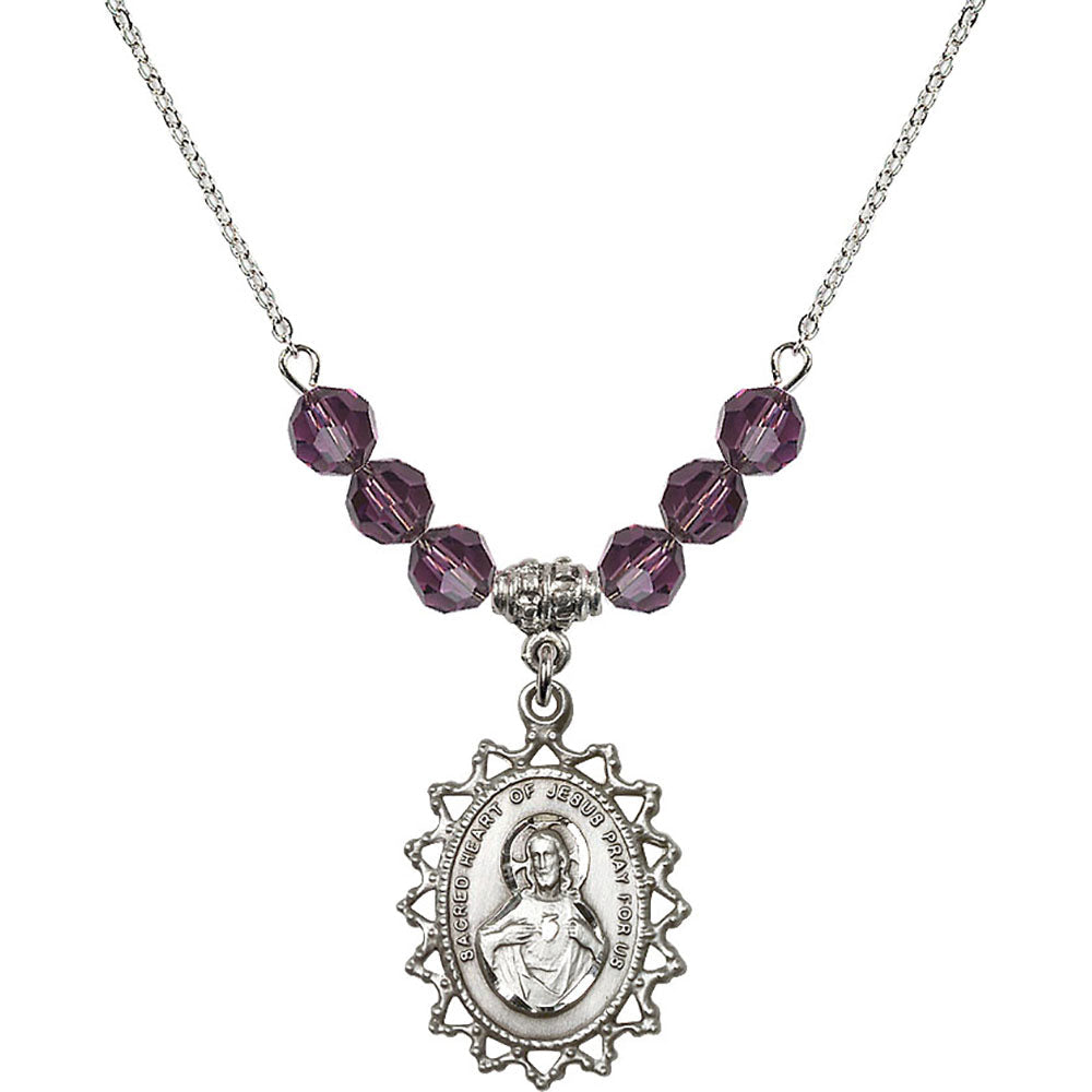 Sterling Silver Scapular Birthstone Necklace with Amethyst Beads - 1619