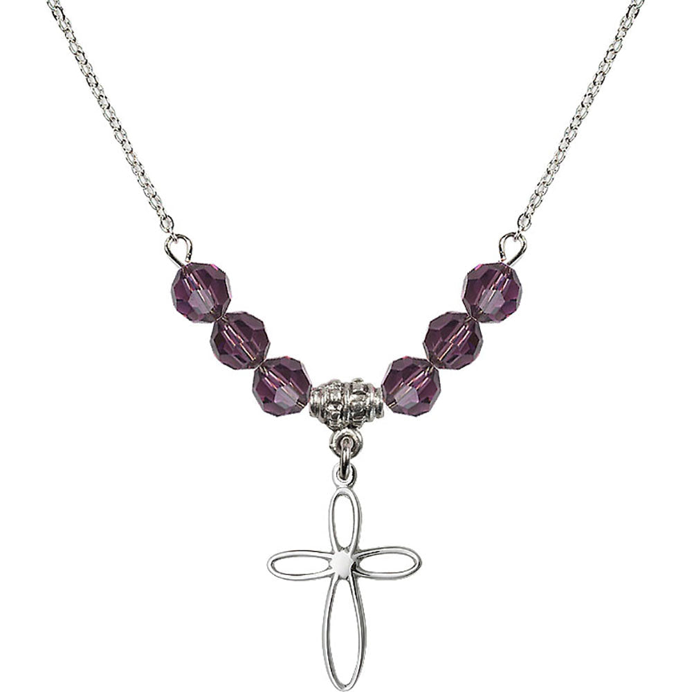 Sterling Silver Loop Cross Birthstone Necklace with Amethyst Beads - 1707