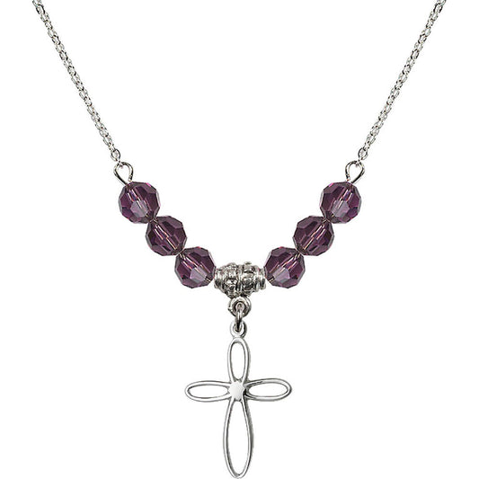 Sterling Silver Loop Cross Birthstone Necklace with Amethyst Beads - 1707