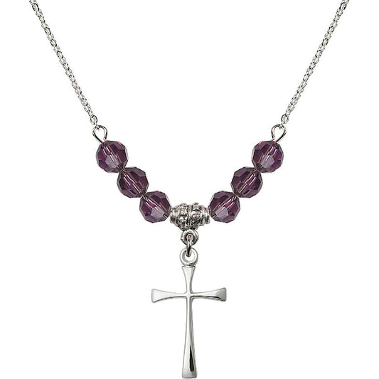 Sterling Silver Maltese Cross Birthstone Necklace with Amethyst Beads - 1870