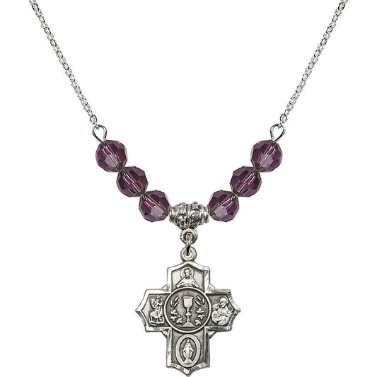 Sterling Silver Communion/5-Way Birthstone Necklace with Amethyst Beads - 2004