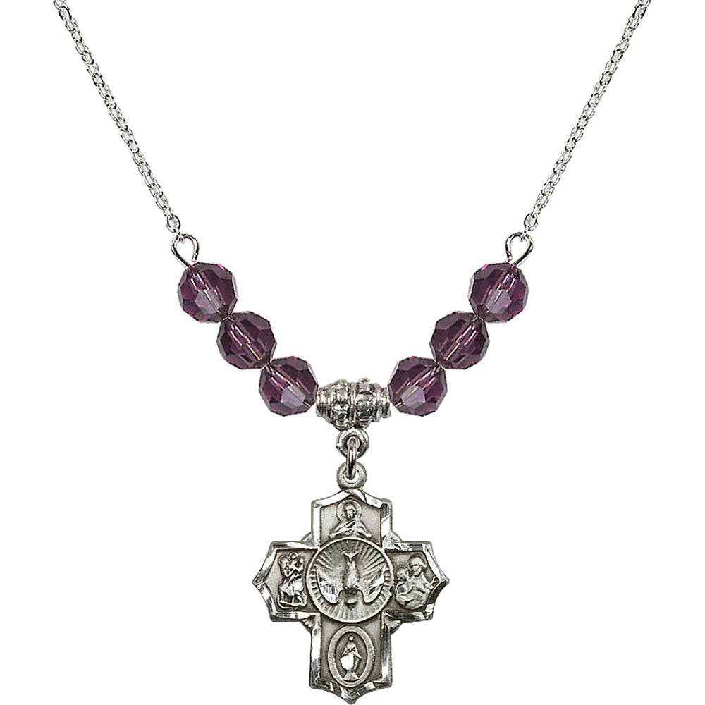 Sterling Silver 5-Way Birthstone Necklace with Amethyst Beads - 2090