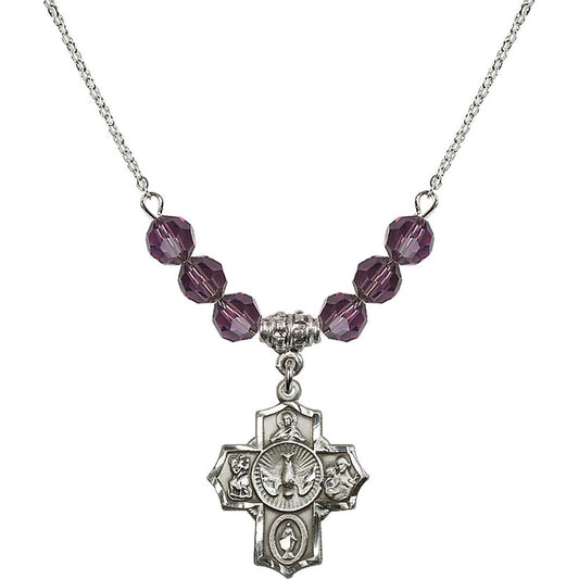 Sterling Silver 5-Way Birthstone Necklace with Amethyst Beads - 2090