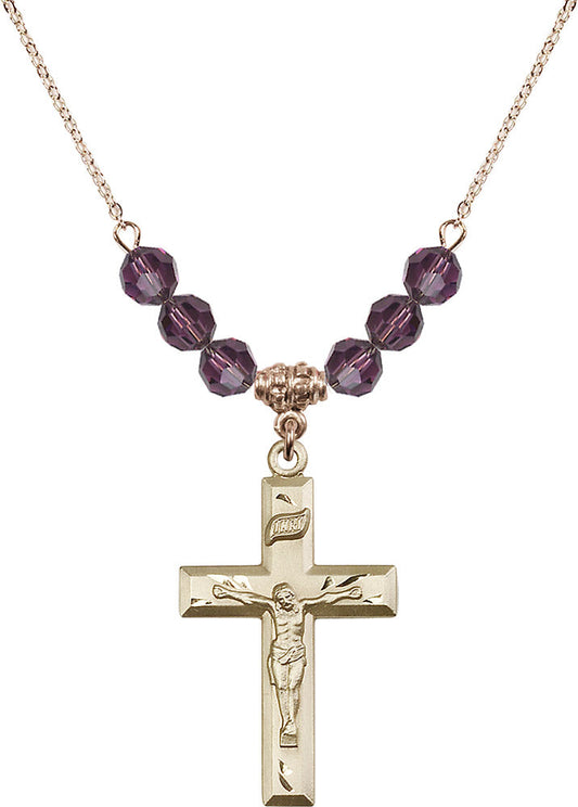 14kt Gold Filled Crucifix Birthstone Necklace with Amethyst Beads - 2186