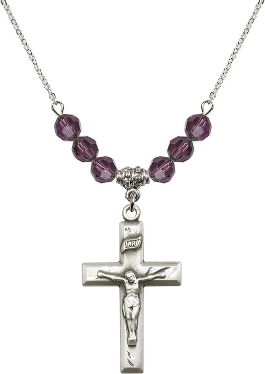Sterling Silver Crucifix Birthstone Necklace with Amethyst Beads - 2186