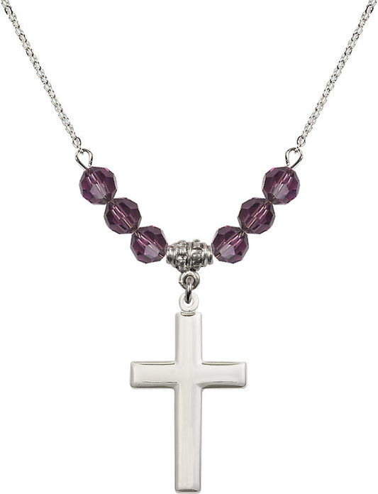 Sterling Silver Cross Birthstone Necklace with Amethyst Beads - 2190