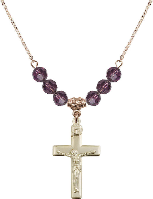 14kt Gold Filled Crucifix Birthstone Necklace with Amethyst Beads - 2191