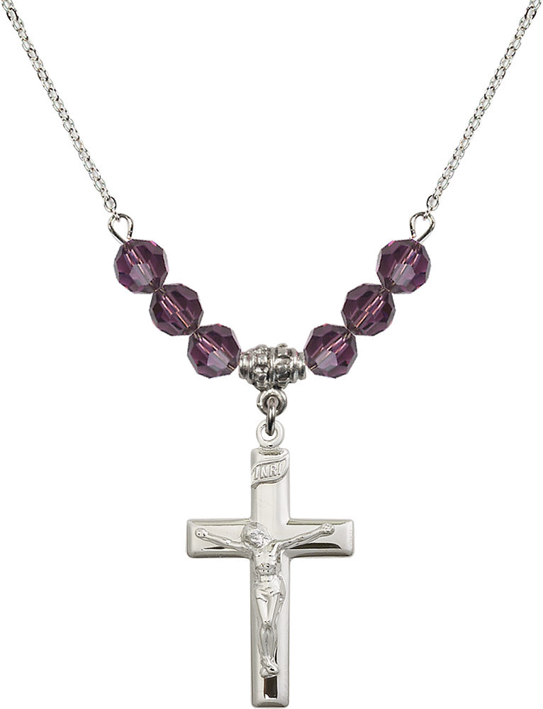 Sterling Silver Crucifix Birthstone Necklace with Amethyst Beads - 2191