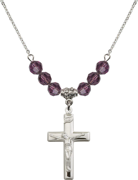 Sterling Silver Crucifix Birthstone Necklace with Amethyst Beads - 2191