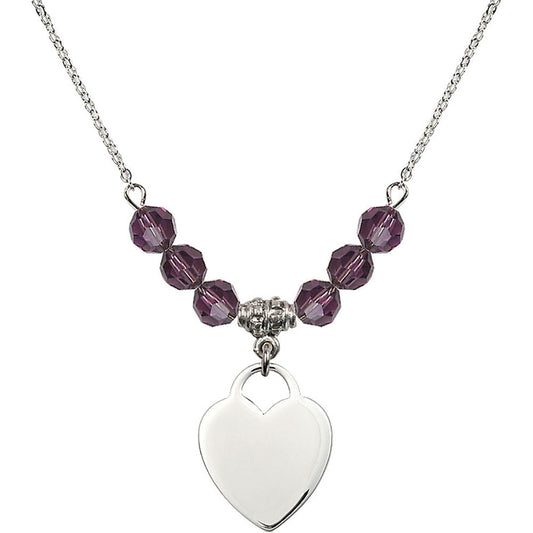 Sterling Silver Heart Birthstone Necklace with Amethyst Beads - 3200