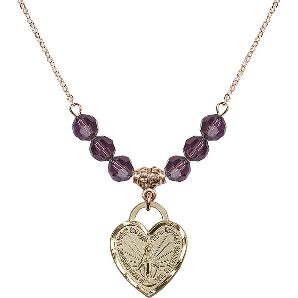 14kt Gold Filled Miraculous Heart Birthstone Necklace with Amethyst Beads - 3201