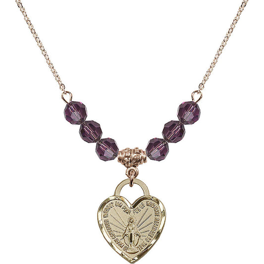 14kt Gold Filled Miraculous Heart Birthstone Necklace with Amethyst Beads - 3201
