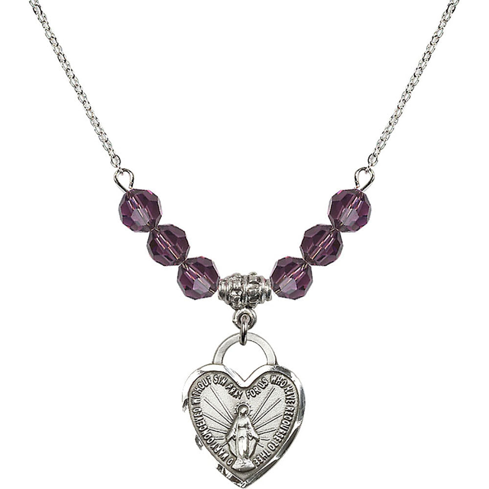 Sterling Silver Miraculous Heart Birthstone Necklace with Amethyst Beads - 3201