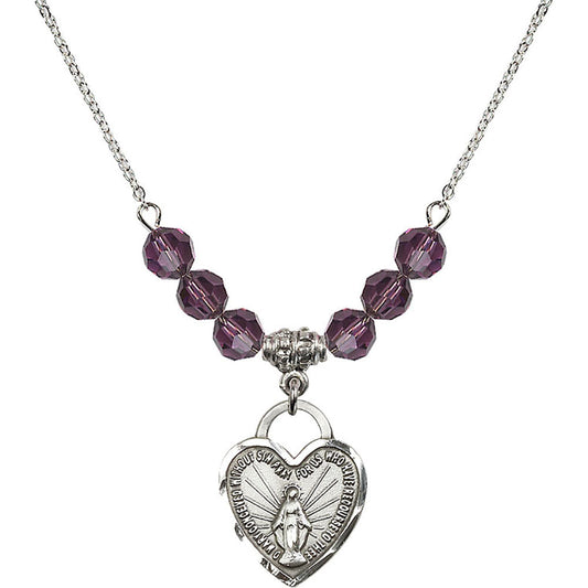 Sterling Silver Miraculous Heart Birthstone Necklace with Amethyst Beads - 3201