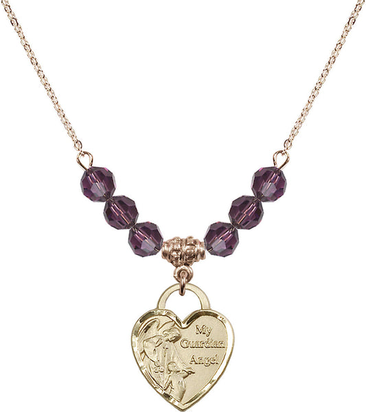 14kt Gold Filled Guardian Angel Heart Birthstone Necklace with Amethyst Beads - 3202