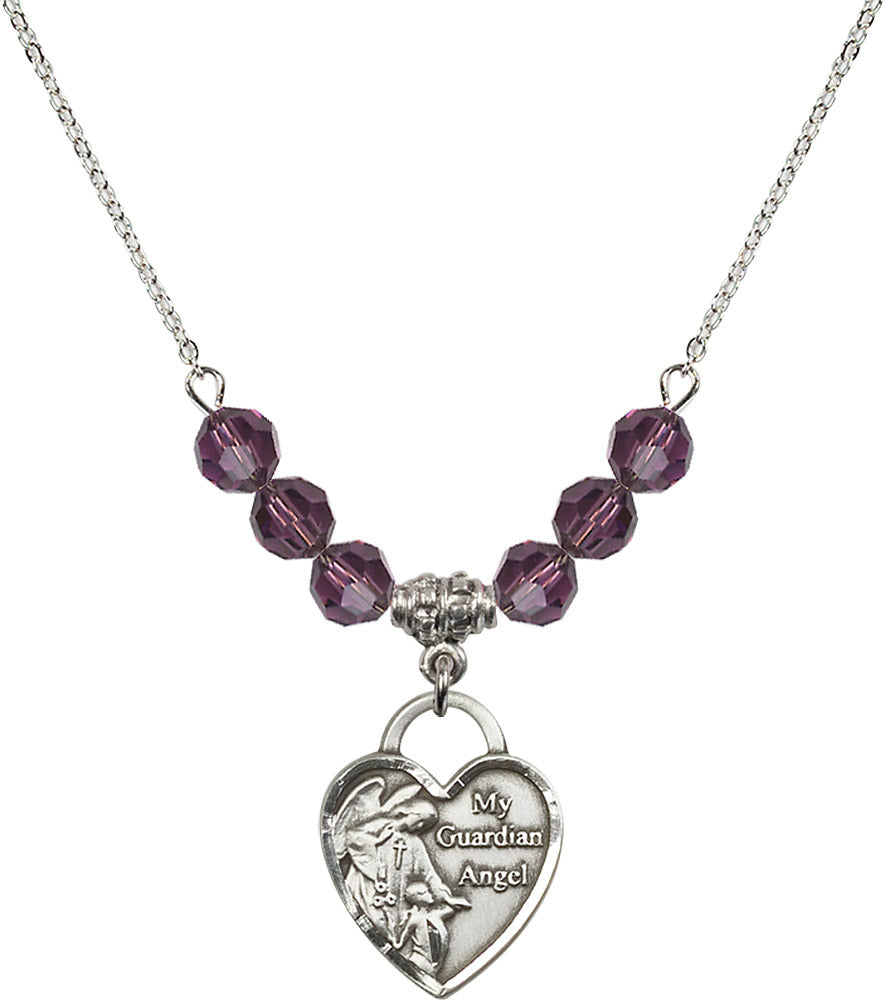 Sterling Silver Guardian Angel Heart Birthstone Necklace with Amethyst Beads - 3202