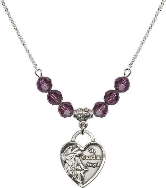 Sterling Silver Guardian Angel Heart Birthstone Necklace with Amethyst Beads - 3202
