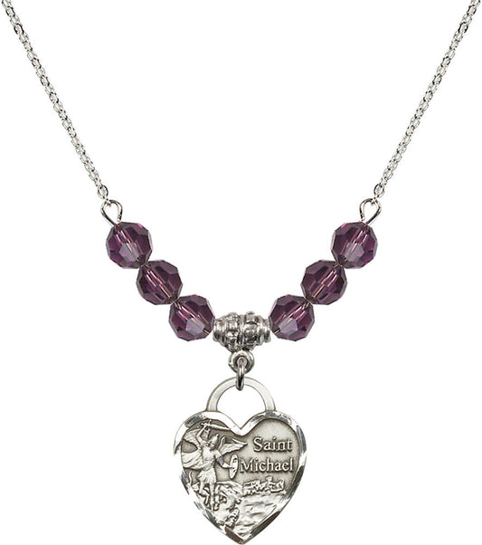 Sterling Silver Saint Michael the Archangel Birthstone Necklace with Amethyst Beads - 3203