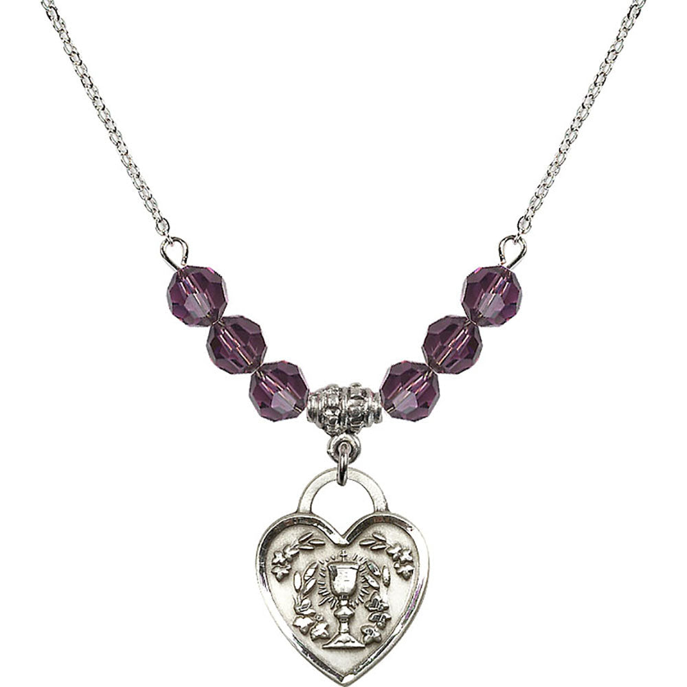 Sterling Silver Communion Heart Birthstone Necklace with Amethyst Beads - 3204