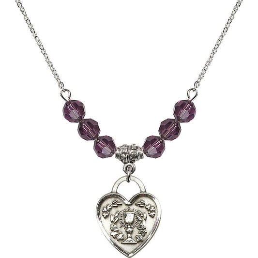 Sterling Silver Communion Heart Birthstone Necklace with Amethyst Beads - 3204