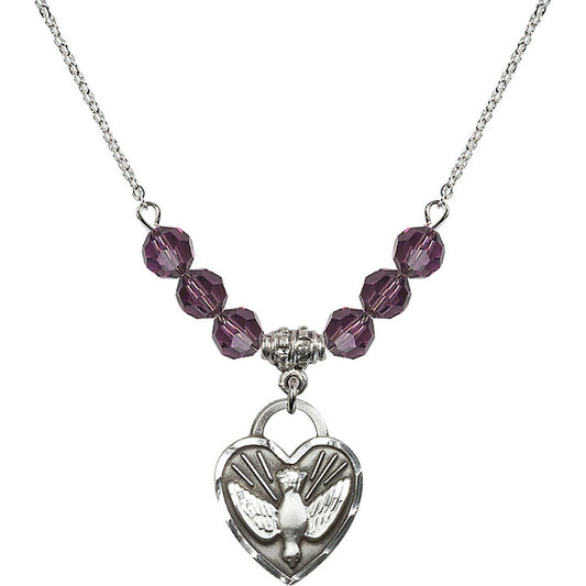 Sterling Silver Confirmation Heart Birthstone Necklace with Amethyst Beads - 3205