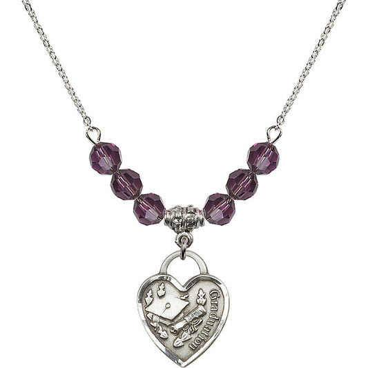 Sterling Silver Graduation Heart Birthstone Necklace with Amethyst Beads - 3206